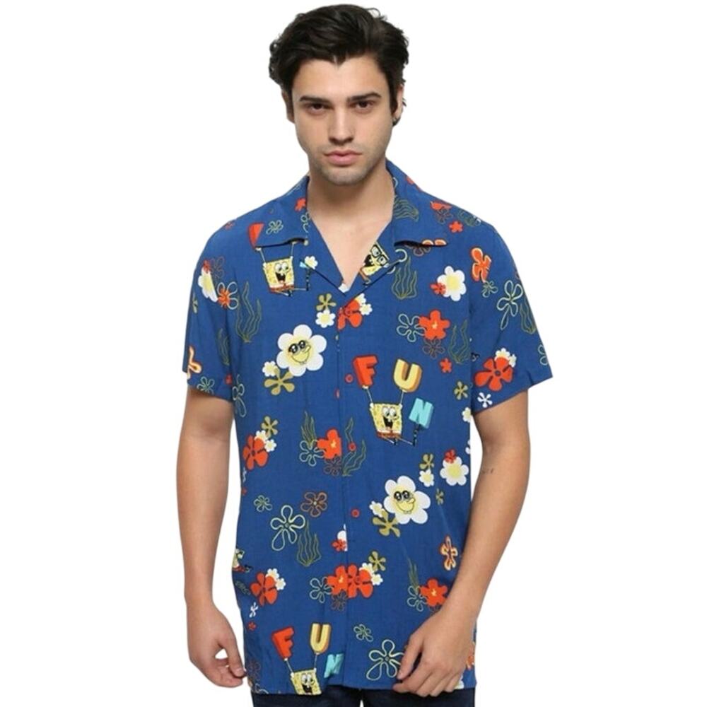 SpongeBob SquarePants Floral Woven Button-Up Men's Medium Shirt Blue Nickelodeon